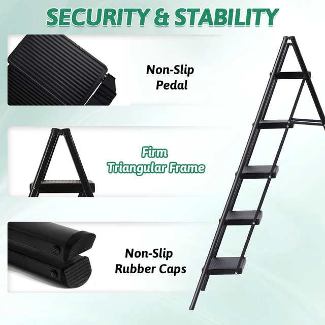 Alt view image 3 of 7 - 5-Step Folding Ladder for Home Use, Heavy-Duty Step Ladder with Anti-Slip Wide Steps, Portable Foldable Ladder, 330 lbs Load Capacity
