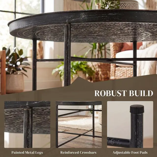 Alt view image 4 of 7 - HOMCOM 24" Round Coffee Table with Hammered Tray Top, Vintage Metal Center Table for Living Room, Bedroom, Side Table, Pewter