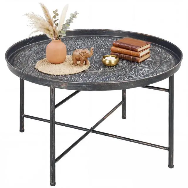 Main image of HOMCOM 24" Round Coffee Table with Hammered Tray Top, Vintage Metal Center Table for Living Room, Bedroom, Side Table, Pewter