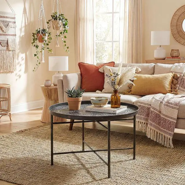 Alt view image 5 of 7 - HOMCOM 24" Round Coffee Table with Hammered Tray Top, Vintage Metal Center Table for Living Room, Bedroom, Side Table, Pewter
