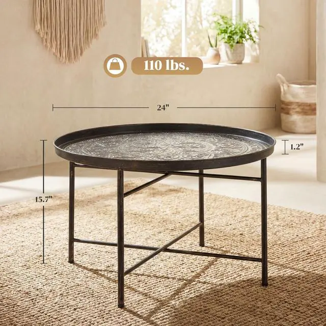 Alt view image 7 of 7 - HOMCOM 24" Round Coffee Table with Hammered Tray Top, Vintage Metal Center Table for Living Room, Bedroom, Side Table, Pewter