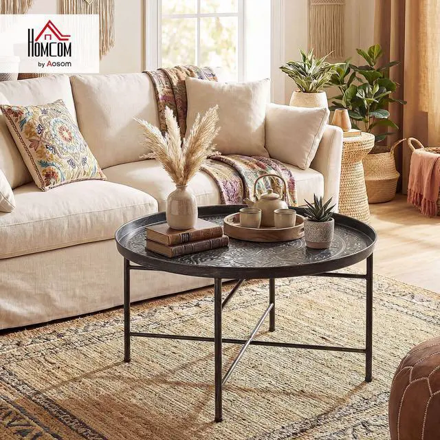 Alt view image 2 of 7 - HOMCOM 24" Round Coffee Table with Hammered Tray Top, Vintage Metal Center Table for Living Room, Bedroom, Side Table, Pewter
