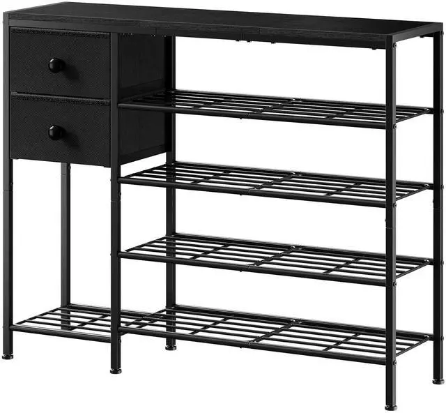 Main image of UNITSTAGE 5-Tier Shoe Rack with 2 Fabric Drawers, Metal Frame and Wooden Board Shoe Organizer for 16-20 Pairs of Shoes, Shoe Shelf with Boots Storage for Entryway Closet Black