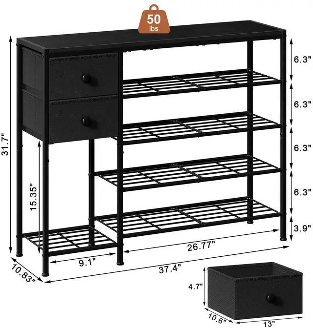 Alt view image 3 of 7 - UNITSTAGE 5-Tier Shoe Rack with 2 Fabric Drawers, Metal Frame and Wooden Board Shoe Organizer for 16-20 Pairs of Shoes, Shoe Shelf with Boots Storage for Entryway Closet Black