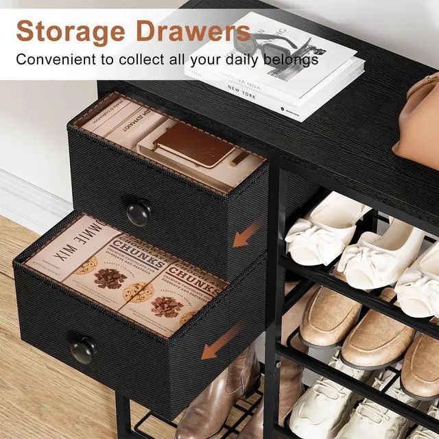Alt view image 4 of 7 - UNITSTAGE 5-Tier Shoe Rack with 2 Fabric Drawers, Metal Frame and Wooden Board Shoe Organizer for 16-20 Pairs of Shoes, Shoe Shelf with Boots Storage for Entryway Closet Black