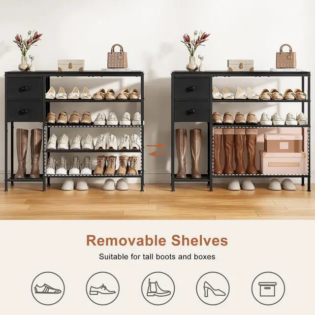 Alt view image 5 of 7 - UNITSTAGE 5-Tier Shoe Rack with 2 Fabric Drawers, Metal Frame and Wooden Board Shoe Organizer for 16-20 Pairs of Shoes, Shoe Shelf with Boots Storage for Entryway Closet Black