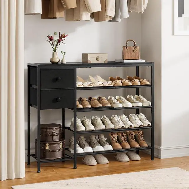 Alt view image 6 of 7 - UNITSTAGE 5-Tier Shoe Rack with 2 Fabric Drawers, Metal Frame and Wooden Board Shoe Organizer for 16-20 Pairs of Shoes, Shoe Shelf with Boots Storage for Entryway Closet Black