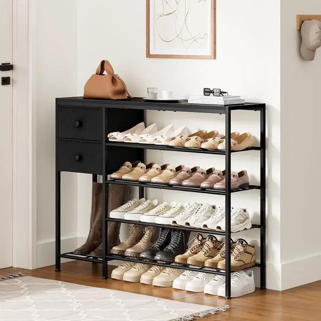 Alt view image 2 of 7 - UNITSTAGE 5-Tier Shoe Rack with 2 Fabric Drawers, Metal Frame and Wooden Board Shoe Organizer for 16-20 Pairs of Shoes, Shoe Shelf with Boots Storage for Entryway Closet Black