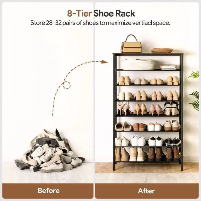 Alt view image 3 of 7 - MAHANCRIS 8 Tier Shoe Rack Organizer for Closet, Holds 28-32 Pairs, Tall Metal Shoe Storage Shelf for Entryway Bedroom, Sturdy Freestanding Shoe Rack Space Saving, Large Capacity, Rustic Brown