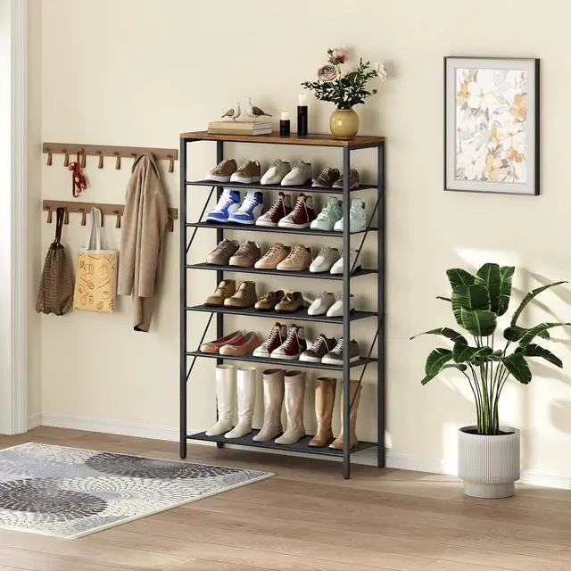 Alt view image 4 of 7 - MAHANCRIS 8 Tier Shoe Rack Organizer for Closet, Holds 28-32 Pairs, Tall Metal Shoe Storage Shelf for Entryway Bedroom, Sturdy Freestanding Shoe Rack Space Saving, Large Capacity, Rustic Brown