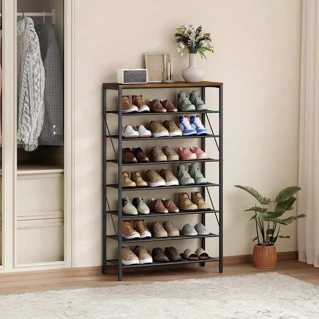 Alt view image 7 of 7 - MAHANCRIS 8 Tier Shoe Rack Organizer for Closet, Holds 28-32 Pairs, Tall Metal Shoe Storage Shelf for Entryway Bedroom, Sturdy Freestanding Shoe Rack Space Saving, Large Capacity, Rustic Brown