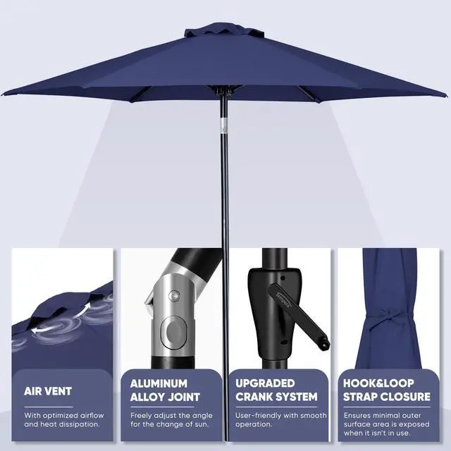 Alt view image 3 of 6 - Tempera 9ft Patio Market Outdoor Table Umbrella with Push Button Tilt and Crank, Large Sun Umbrella with Sturdy Pole & Fade Resistant Canopy, Easy to Set, Navy