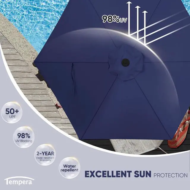 Alt view image 2 of 6 - Tempera 9ft Patio Market Outdoor Table Umbrella with Push Button Tilt and Crank, Large Sun Umbrella with Sturdy Pole & Fade Resistant Canopy, Easy to Set, Navy
