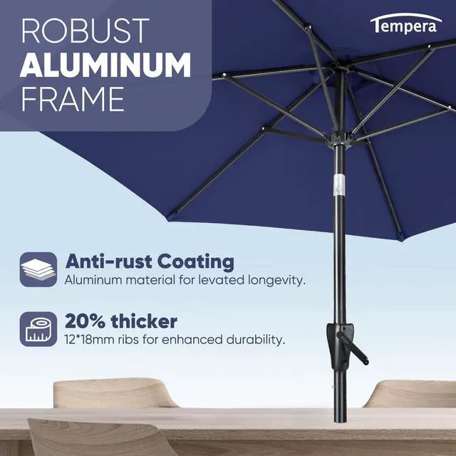 Alt view image 4 of 6 - Tempera 9ft Patio Market Outdoor Table Umbrella with Push Button Tilt and Crank, Large Sun Umbrella with Sturdy Pole & Fade Resistant Canopy, Easy to Set, Navy