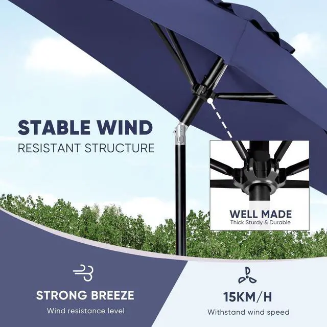 Alt view image 5 of 6 - Tempera 9ft Patio Market Outdoor Table Umbrella with Push Button Tilt and Crank, Large Sun Umbrella with Sturdy Pole & Fade Resistant Canopy, Easy to Set, Navy