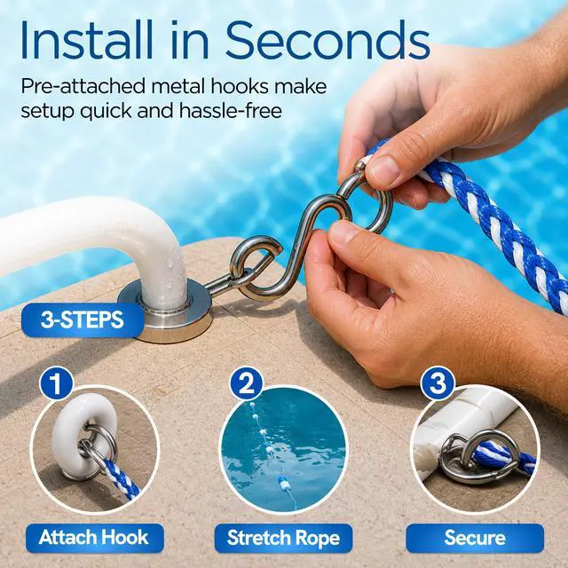 Alt view image 4 of 7 - FibroPool 50 ft Pool Safety Rope with 16 Floats Adjustable Buoy Lane Divider, UV Braided, Chrome Hooks Shallow & Deep End Line for Inground & Above Ground Swimming Pools