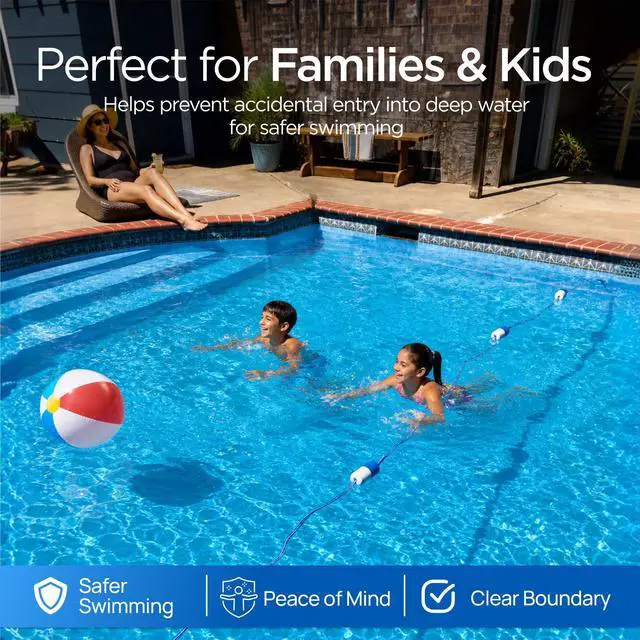 Alt view image 6 of 7 - FibroPool 50 ft Pool Safety Rope with 16 Floats Adjustable Buoy Lane Divider, UV Braided, Chrome Hooks Shallow & Deep End Line for Inground & Above Ground Swimming Pools