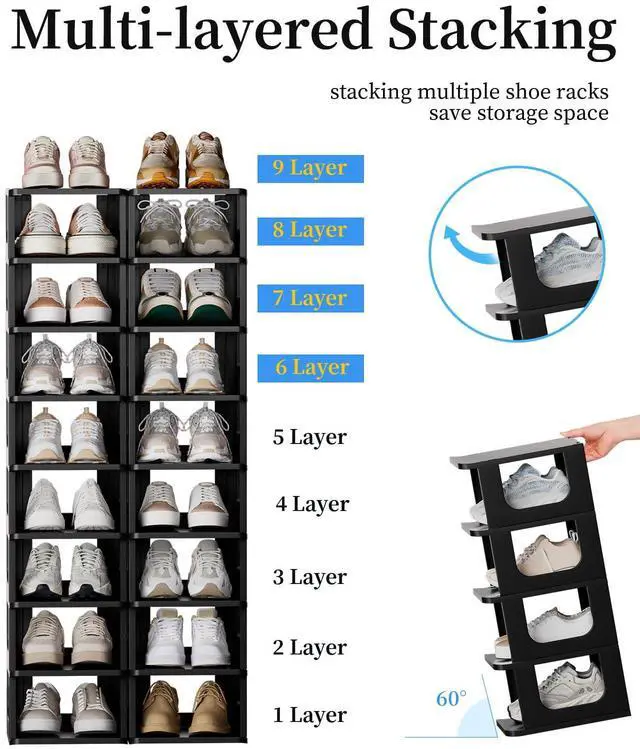 Alt view image 6 of 7 - HAIXIN Adjustable 10 Tier Shoe Organizer - Narrow Plastic Vertical Shoe Rack for Closet, Entryway, Boots - Stackable Shoe Cabinet