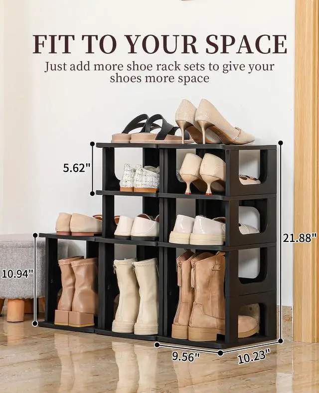 Alt view image 7 of 7 - HAIXIN Adjustable 10 Tier Shoe Organizer - Narrow Plastic Vertical Shoe Rack for Closet, Entryway, Boots - Stackable Shoe Cabinet