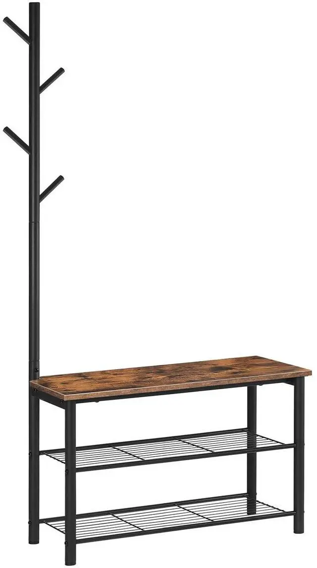 Main image of HOOBRO Coat Rack Shoe Bench, 3-Tier Shoe Rack, Industrial Shoe Organizer Storage Bench, Entry Bench with Mesh Shelves, for Entryway, Living Room, Hallway, Easy Assembly, Rustic Brown BF12HX01