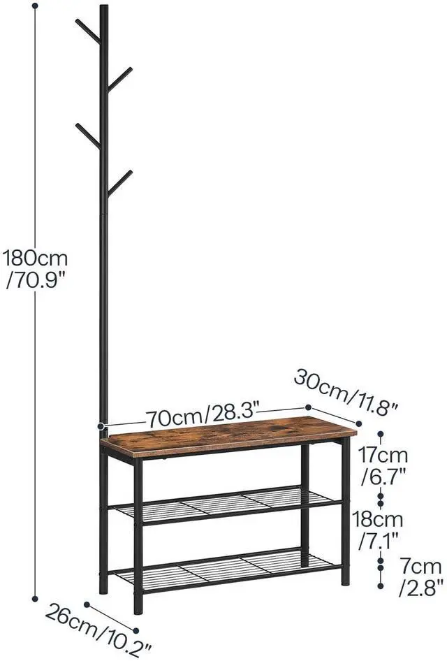 Alt view image 3 of 7 - HOOBRO Coat Rack Shoe Bench, 3-Tier Shoe Rack, Industrial Shoe Organizer Storage Bench, Entry Bench with Mesh Shelves, for Entryway, Living Room, Hallway, Easy Assembly, Rustic Brown BF12HX01