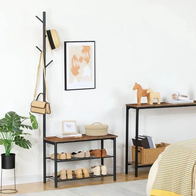 Alt view image 4 of 7 - HOOBRO Coat Rack Shoe Bench, 3-Tier Shoe Rack, Industrial Shoe Organizer Storage Bench, Entry Bench with Mesh Shelves, for Entryway, Living Room, Hallway, Easy Assembly, Rustic Brown BF12HX01