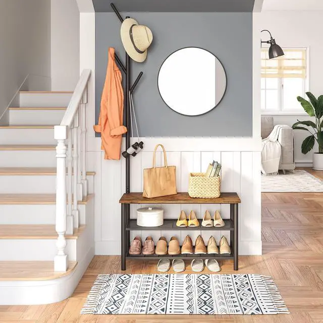 Alt view image 2 of 7 - HOOBRO Coat Rack Shoe Bench, 3-Tier Shoe Rack, Industrial Shoe Organizer Storage Bench, Entry Bench with Mesh Shelves, for Entryway, Living Room, Hallway, Easy Assembly, Rustic Brown BF12HX01