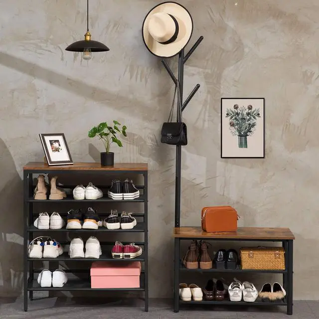 Alt view image 5 of 7 - HOOBRO Coat Rack Shoe Bench, 3-Tier Shoe Rack, Industrial Shoe Organizer Storage Bench, Entry Bench with Mesh Shelves, for Entryway, Living Room, Hallway, Easy Assembly, Rustic Brown BF12HX01