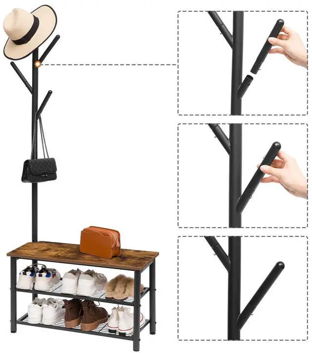 Alt view image 6 of 7 - HOOBRO Coat Rack Shoe Bench, 3-Tier Shoe Rack, Industrial Shoe Organizer Storage Bench, Entry Bench with Mesh Shelves, for Entryway, Living Room, Hallway, Easy Assembly, Rustic Brown BF12HX01