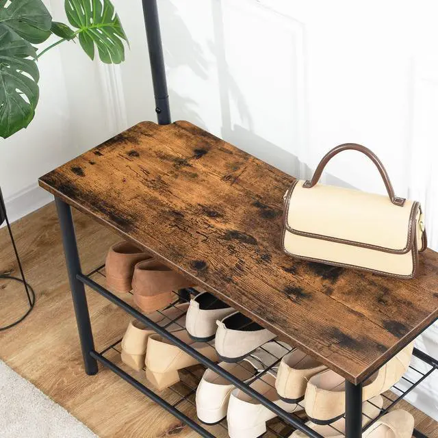 Alt view image 7 of 7 - HOOBRO Coat Rack Shoe Bench, 3-Tier Shoe Rack, Industrial Shoe Organizer Storage Bench, Entry Bench with Mesh Shelves, for Entryway, Living Room, Hallway, Easy Assembly, Rustic Brown BF12HX01