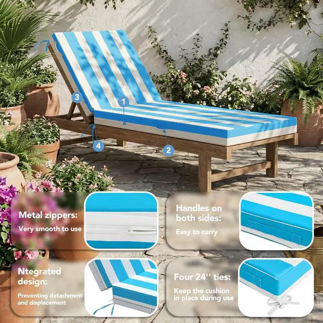 Alt view image 4 of 7 - L'AGRATY Outdoor Lounge Chaise Cushion: 72x21x3 Inch Waterproof Lounge Chair Cushion for Outdoor Furniture with Fade Resistant Removable Cover - Patio Cushions for Pool Lawn Deck(Blue White 1Pack)
