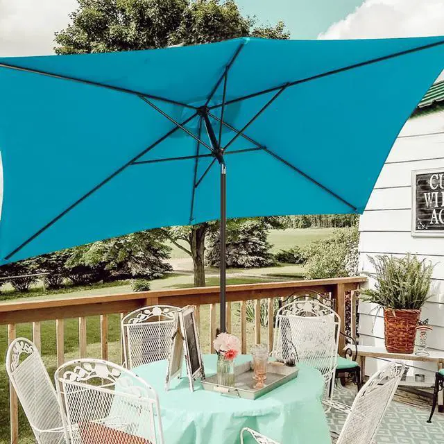 Alt view image 6 of 7 - Blissun 10' Rectangular Patio Umbrella Outdoor Market Table Umbrella with Push Button Tilt and Crank (Cerulean)