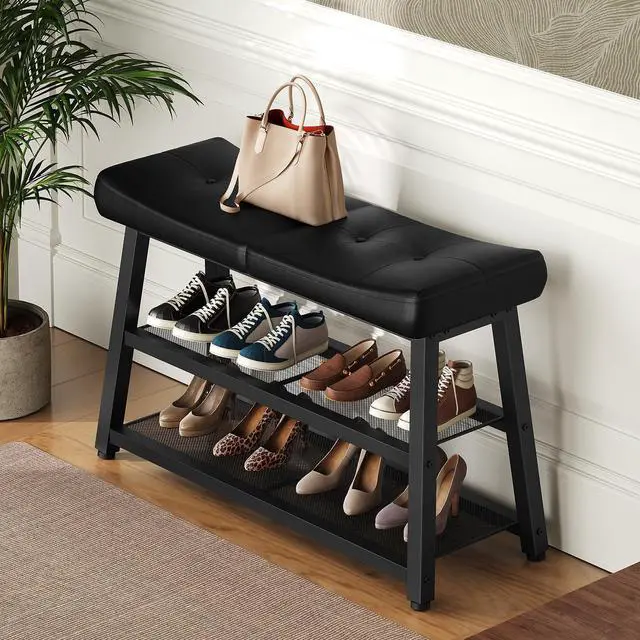 Alt view image 2 of 7 - YATINEY Shoe Bench, 3-Tier Shoe Rack, Entryway Bench with Storage and Cushion, for Hallway, Foyer, Bedroom, Black HX02BB