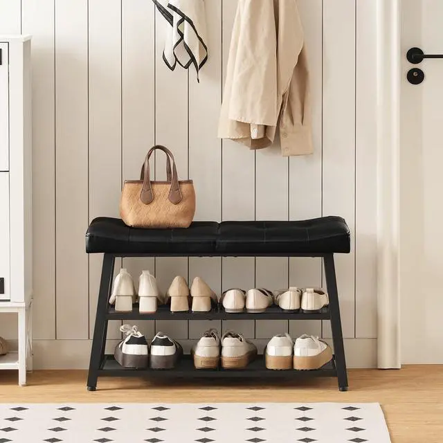 Alt view image 3 of 7 - YATINEY Shoe Bench, 3-Tier Shoe Rack, Entryway Bench with Storage and Cushion, for Hallway, Foyer, Bedroom, Black HX02BB