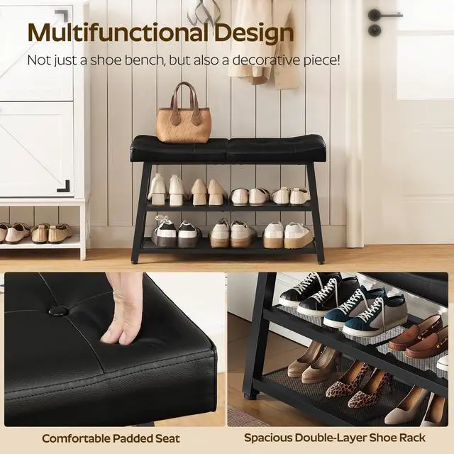 Alt view image 5 of 7 - YATINEY Shoe Bench, 3-Tier Shoe Rack, Entryway Bench with Storage and Cushion, for Hallway, Foyer, Bedroom, Black HX02BB