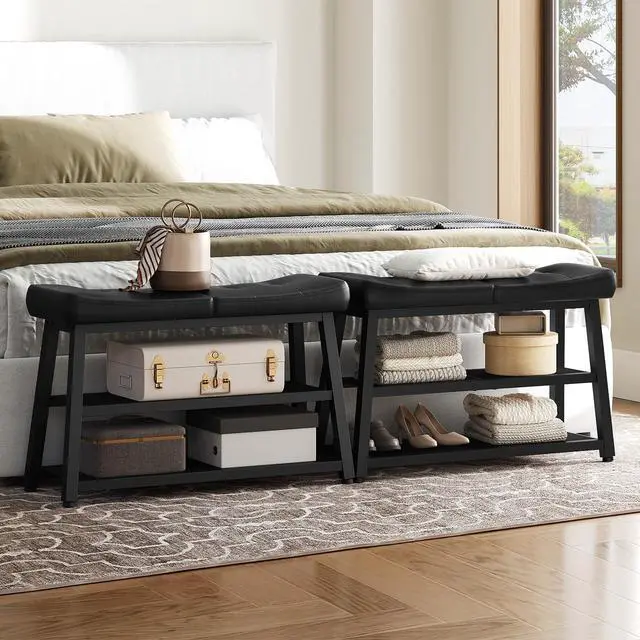 Alt view image 6 of 7 - YATINEY Shoe Bench, 3-Tier Shoe Rack, Entryway Bench with Storage and Cushion, for Hallway, Foyer, Bedroom, Black HX02BB