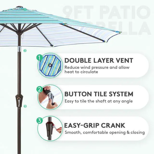 Alt view image 2 of 7 - JEAREY 9FT Outdoor Patio Umbrella Outdoor Table Umbrella with Push Button Tilt and Crank, Market Umbrella 8 Sturdy Ribs UV Protection Waterproof for Garden, Deck, Backyard, Pool (Blue Green Stripe)