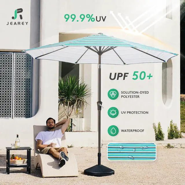 Alt view image 3 of 7 - JEAREY 9FT Outdoor Patio Umbrella Outdoor Table Umbrella with Push Button Tilt and Crank, Market Umbrella 8 Sturdy Ribs UV Protection Waterproof for Garden, Deck, Backyard, Pool (Blue Green Stripe)