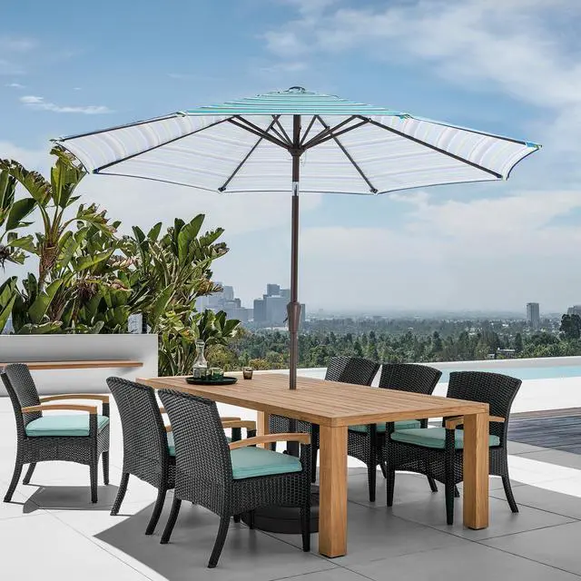 Alt view image 4 of 7 - JEAREY 9FT Outdoor Patio Umbrella Outdoor Table Umbrella with Push Button Tilt and Crank, Market Umbrella 8 Sturdy Ribs UV Protection Waterproof for Garden, Deck, Backyard, Pool (Blue Green Stripe)
