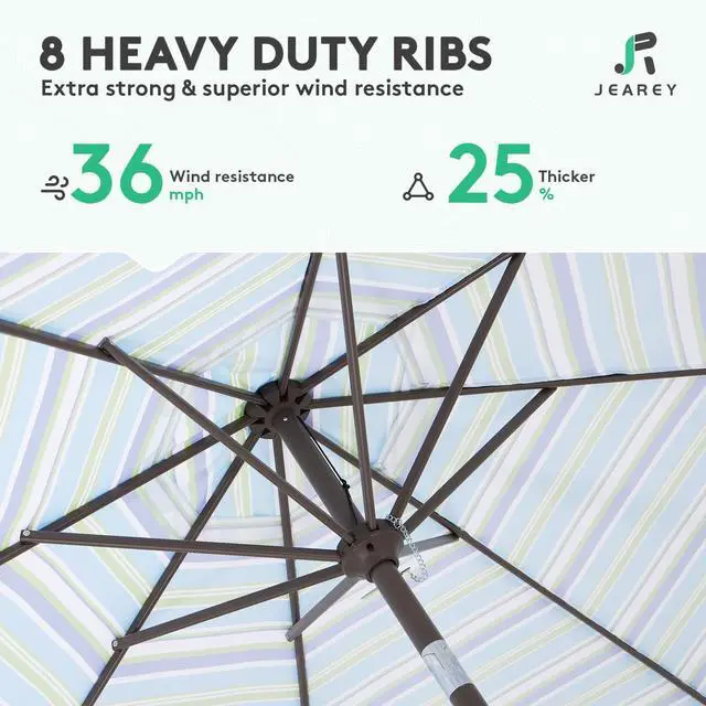 Alt view image 5 of 7 - JEAREY 9FT Outdoor Patio Umbrella Outdoor Table Umbrella with Push Button Tilt and Crank, Market Umbrella 8 Sturdy Ribs UV Protection Waterproof for Garden, Deck, Backyard, Pool (Blue Green Stripe)
