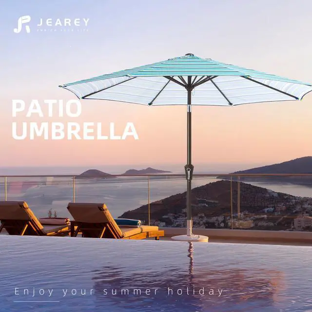Alt view image 7 of 7 - JEAREY 9FT Outdoor Patio Umbrella Outdoor Table Umbrella with Push Button Tilt and Crank, Market Umbrella 8 Sturdy Ribs UV Protection Waterproof for Garden, Deck, Backyard, Pool (Blue Green Stripe)