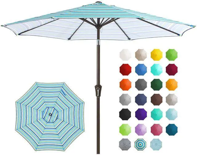 Main image of JEAREY 9FT Outdoor Patio Umbrella Outdoor Table Umbrella with Push Button Tilt and Crank, Market Umbrella 8 Sturdy Ribs UV Protection Waterproof for Garden, Deck, Backyard, Pool (Blue Green Stripe)