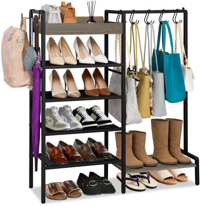 Main image of NauwaBarn 2-in-1 Shoe and Purse Rack, 5-Tier Shoe Rack with Wooden Tray & 7 Hooks, Industrial Metal Shoe Shelf with Removable Shelves for Entryway, Front Door Entrance, Closet, Boot Storage, Black