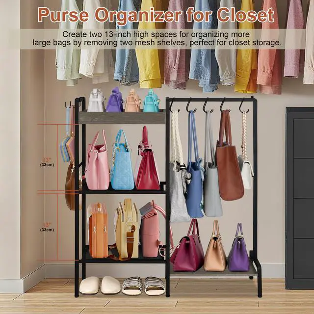 Alt view image 2 of 6 - NauwaBarn 2-in-1 Shoe and Purse Rack, 5-Tier Shoe Rack with Wooden Tray & 7 Hooks, Industrial Metal Shoe Shelf with Removable Shelves for Entryway, Front Door Entrance, Closet, Boot Storage, Black