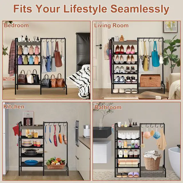Alt view image 6 of 6 - NauwaBarn 2-in-1 Shoe and Purse Rack, 5-Tier Shoe Rack with Wooden Tray & 7 Hooks, Industrial Metal Shoe Shelf with Removable Shelves for Entryway, Front Door Entrance, Closet, Boot Storage, Black