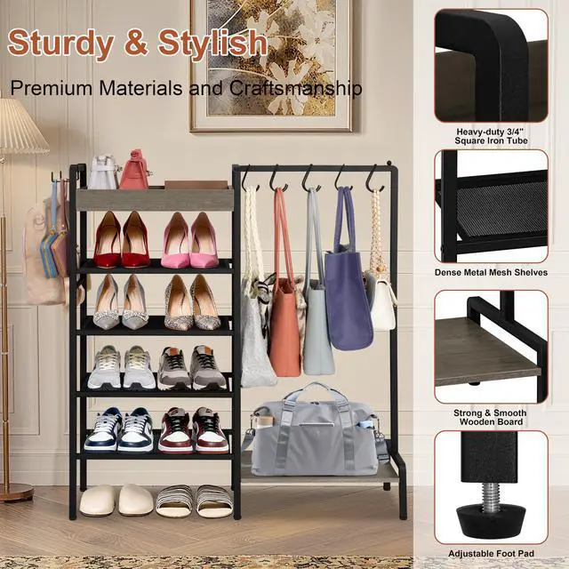 Alt view image 3 of 6 - NauwaBarn 2-in-1 Shoe and Purse Rack, 5-Tier Shoe Rack with Wooden Tray & 7 Hooks, Industrial Metal Shoe Shelf with Removable Shelves for Entryway, Front Door Entrance, Closet, Boot Storage, Black