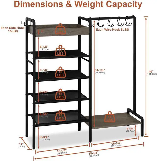 Alt view image 5 of 6 - NauwaBarn 2-in-1 Shoe and Purse Rack, 5-Tier Shoe Rack with Wooden Tray & 7 Hooks, Industrial Metal Shoe Shelf with Removable Shelves for Entryway, Front Door Entrance, Closet, Boot Storage, Black