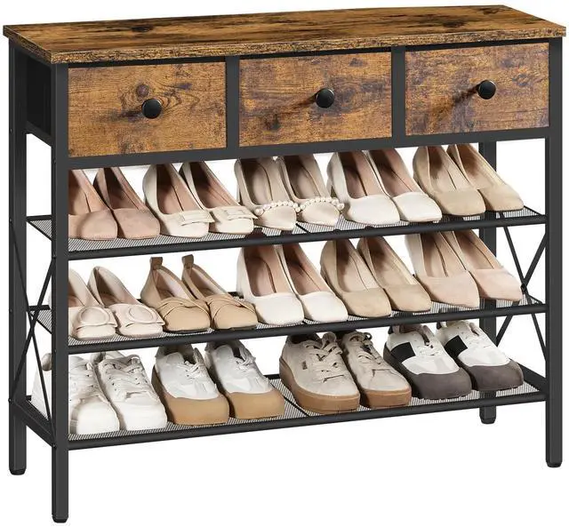 Main image of YATINEY 4-Tier Shoe Rack with 3 Drawers, Metal Shoe Organizer for 15 Pairs with Storage Shelves and Wooden Top, for Entryway, Hallway, Foyer, Closet, Rustic Brown and Black SS34BR