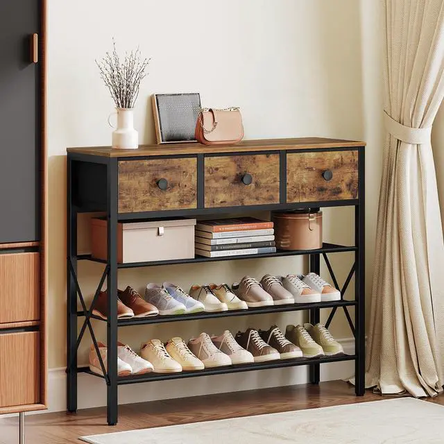 Alt view image 2 of 7 - YATINEY 4-Tier Shoe Rack with 3 Drawers, Metal Shoe Organizer for 15 Pairs with Storage Shelves and Wooden Top, for Entryway, Hallway, Foyer, Closet, Rustic Brown and Black SS34BR