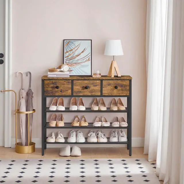 Alt view image 3 of 7 - YATINEY 4-Tier Shoe Rack with 3 Drawers, Metal Shoe Organizer for 15 Pairs with Storage Shelves and Wooden Top, for Entryway, Hallway, Foyer, Closet, Rustic Brown and Black SS34BR